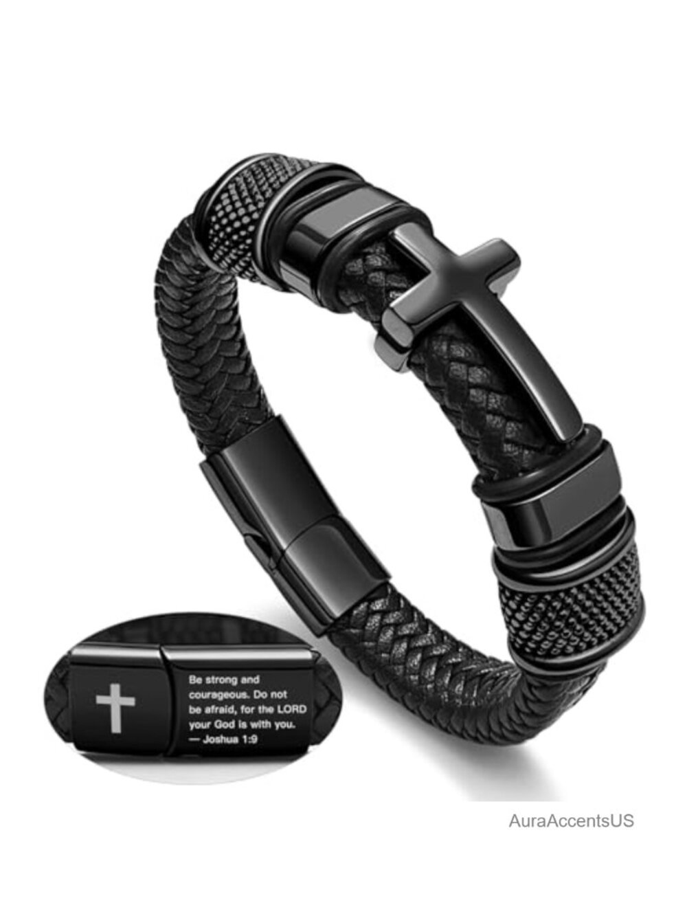Cross Cuff Bracelet for Men, Philippians 4:13 Stainless Steel Leather Bible
